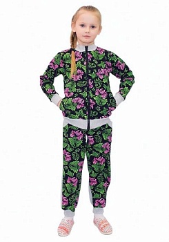 Состав:
Футер двунитка
Хлопок 100%
	Костюм для девочки. Состоит из 2 предметов (куртка на молнии, на рукавах манжеты + штаны на резинке, на ножках манжеты).