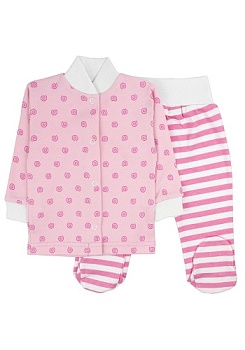 Состав:
Интерлок
Хлопок 100%
	Комплект ясельный. Кофточка на кнопочках и ползунки с фигурной стопой. 