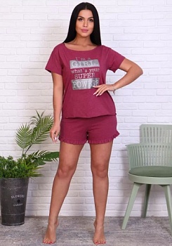 Состав:
Кулирка
Хлопок 100%
     Костюм состоит из  шорт и футболки . Футболка свободного силуэта со спущенным рукавом,с модным принтом. Шорты укорочены.

Обратите внимание: расцветка товара на сайте может отличаться от фактической расцветки. О