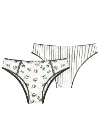 Состав: 
Модал 95%
Эластан 5% 
     Стильные женские трусы из принтованного полотна. Разные узоры спереди и сзади. Украшен бантиком. 