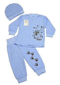 Состав:
Интерлок пенье
Хлопок 100%
	Комплект детский состоит из кофточки на кнопках, штанишек с широким поясом и шапочки.