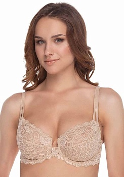Состав:
Полиамид  92% 
Эластан  8%
   Бюстгальтер из эластичного кружева, эластичного кружевного и эластичного трикотажного полотна. На каркасах. Нижние детали чашек на подкладке из неэластичного трикотажного полотна. Открытая центральная деталь 
