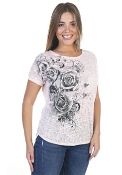 Состав:
Деворе
П/э 65%,
Хлопок 35%
	Футболка женская полуприлегающего кроя, со спущенным рукавом. С модным принтом.