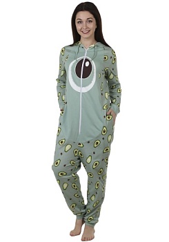 Состав:
Кулирка
Хлопок 100%
	Комбинезон женский на молнии, с капюшоном, стилизованный в виде «Авокадо Кэт», двумя боковыми карманами в швах. Втачные рукава и низ изделия на манжетах, на полочке вставка с принтом, имитирующая манишку. На капюшоне пр