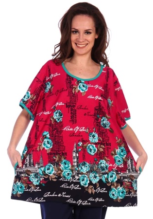 Состав:
Кулирка
Хлопок 100%
       Женская футболка больших размеров выполнена удлиненной, с  рукавами и внутренними боковыми карманами. Отделка выполнена контрастным кантом. Футболка представлена с цветочным рисунком куппон разных расцветок: малин