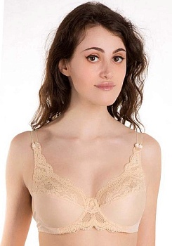Состав:
Полиамид 90%	
Эластан 10%
     Бюстгальтер с мягкими чашками из эластичного трикотажного полотна и эластичного кружева. На каркасах. Нижние детали чашек на подкладке. Бретели короткие, высокое кружевное украшение выполняющее роль бретели. С