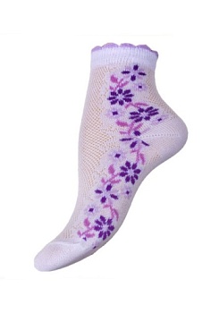 Состав:
Хлопок: 60%, 
ПА: 25%, 
ПП: 15%.
	Тонкие носки в сетку, рисунок - цветочки, двубортная резинка.
