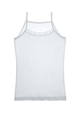 Состав:
Хлопок 100%
	Детская однотонная майка для девочки, ворот украшен кружевной вставкой. 