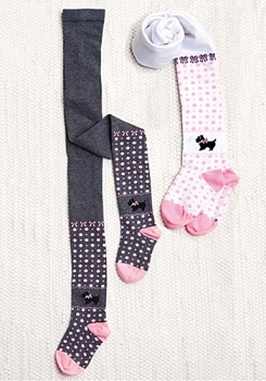 Состав:
Хлопок 75%
Полиамид 20%
Эластан 5%
	Детские гладкие колготки с пяткой и рисунком в виде скотчтерьера и горошков.
