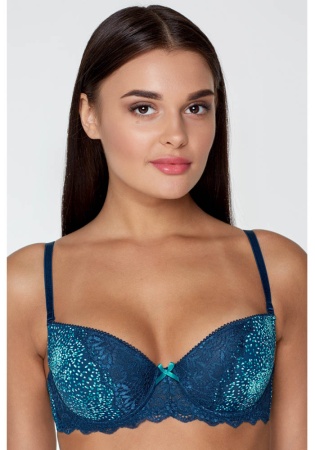 Состав:
Эластичное полотно
ПА 85%,
ПУ 15%
Кружево
ПА 90%,
ПУ 10%
	Бюстгальтер формы T-Shirt с формованной чашкой без Push-ap для всех размеров. Детали бюстгальтера выполнены из эластичного принтованного полотна и кружева. Чашки декорированы эла