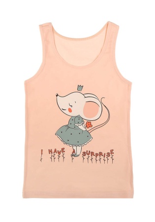 Состав:
Хлопок 95%
Эластан 5%
	Детская майка для девочки на широких бретелях. Спереди украшен рисунком. 