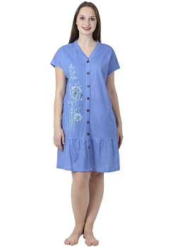 Состав:
Хлопок 100% 
	Халат женский из гладкокрашеного полотна свободного силуэта с застежкой на петли и пуговицы. Рукав цельнокроеный короткий. Карманы в боковых швах. По низу изделия оборка. Борта и горловина изделия окантованы широкой бейкой из о